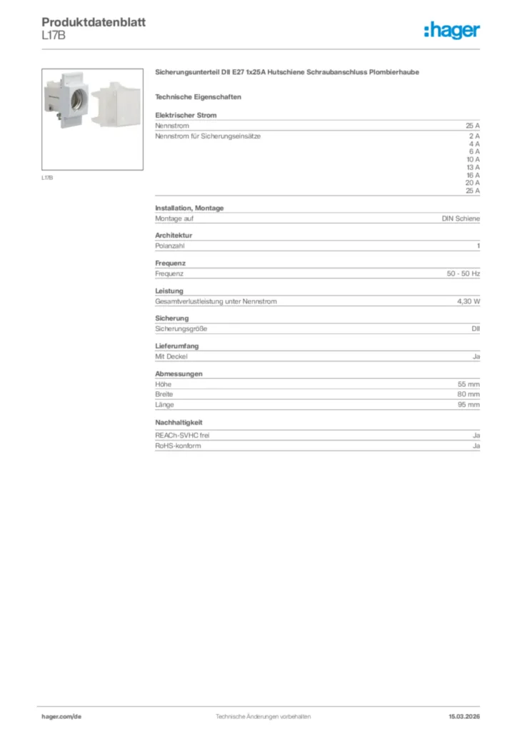 Bild Hager Produktdatenblatt L17B | Hager Deutschland