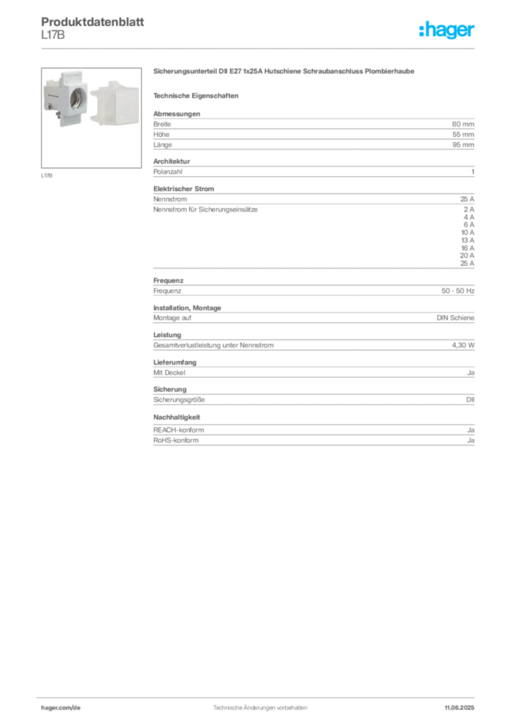 Bild Hager Produktdatenblatt L17B | Hager Deutschland