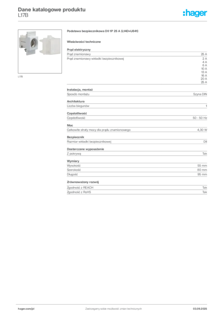 Zdjęcie Hager Karta katalogowa L17B | Hager Polska