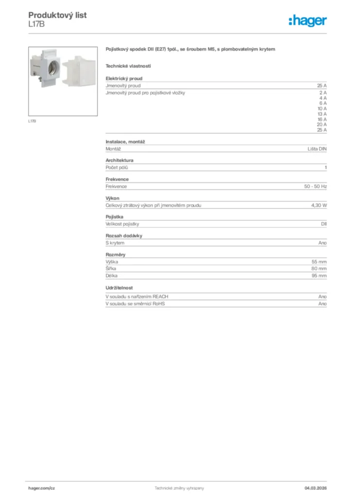 Obrázek Hager Product data sheet L17B | Hager