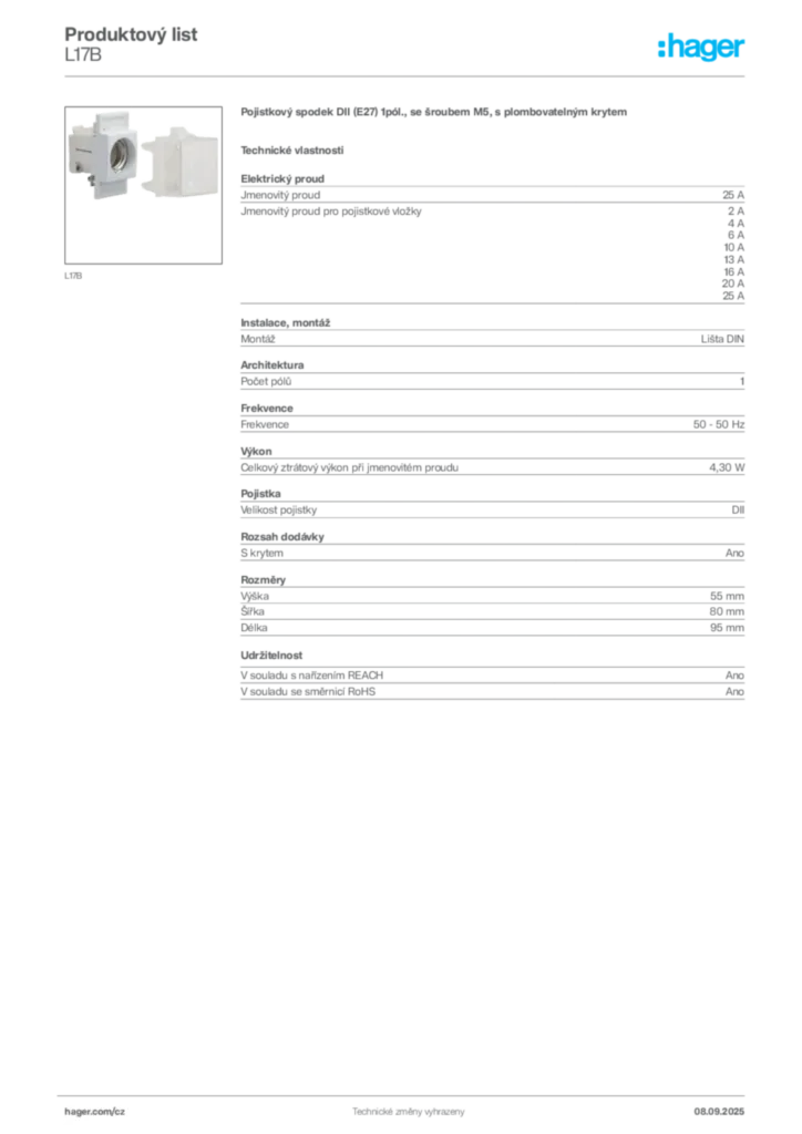 Obrázek Hager Produktový list L17B | Hager