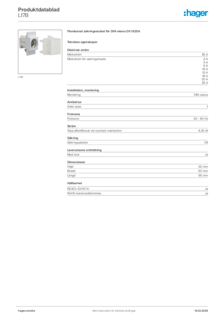 Bild Hager Produktdatablad L17B | Hager Sverige