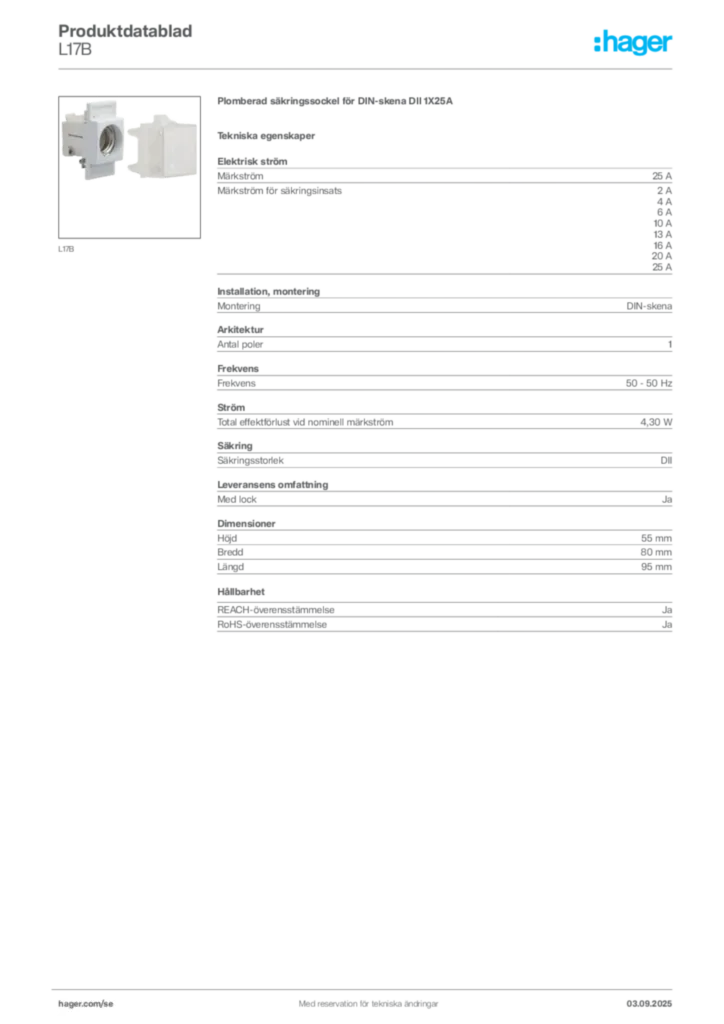 Bild Hager Produktdatablad L17B | Hager Sverige