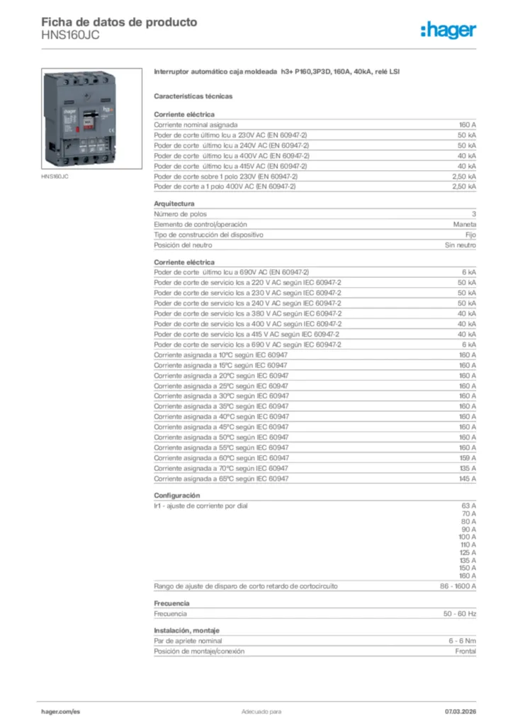 Imagen Hager Ficha de datos de producto HNS160JC | Hager España
