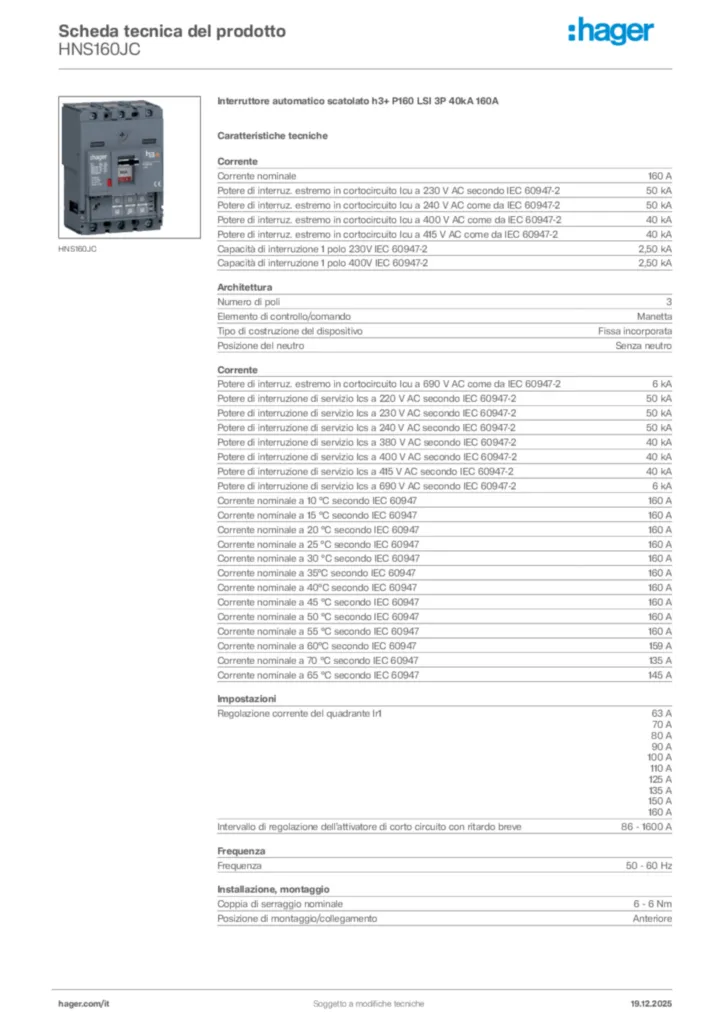 Immagine Hager Scheda tecnica del prodotto HNS160JC | Hager Italia