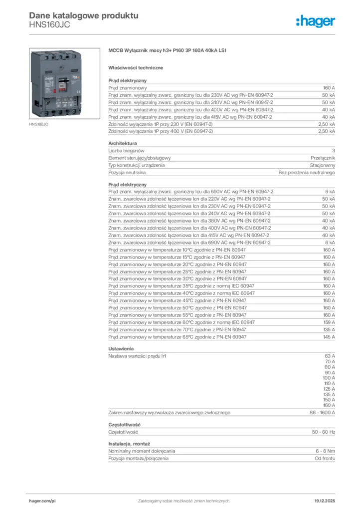 Zdjęcie Hager Karta katalogowa HNS160JC | Hager Polska