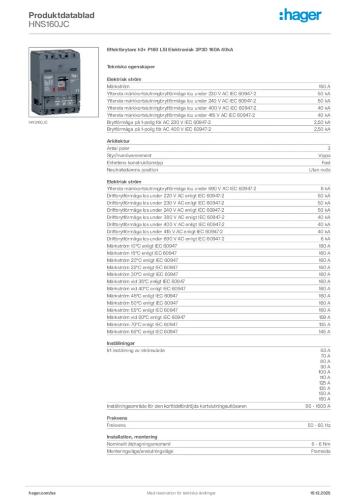 Bild Hager Produktdatablad HNS160JC | Hager Sverige