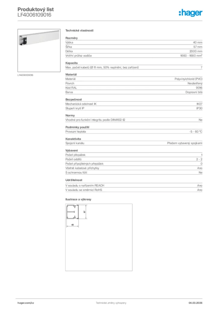 Obrázek Hager Product data sheet LF4006109016 | Hager