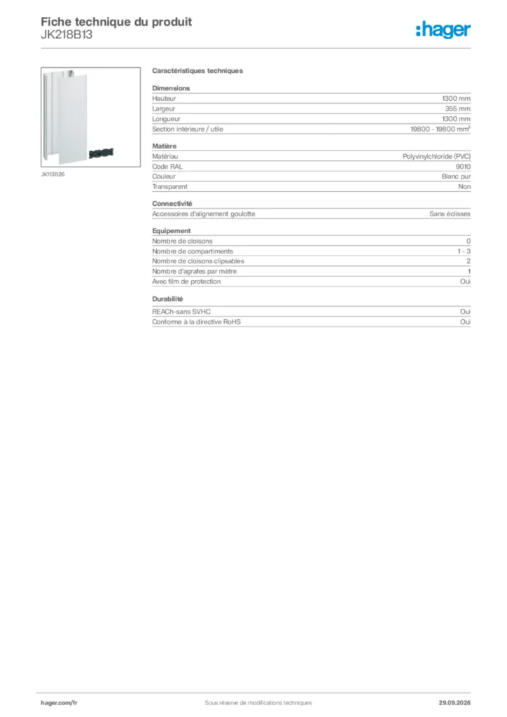 Image Hager Fiche technique du produit JK218B13 | Hager France