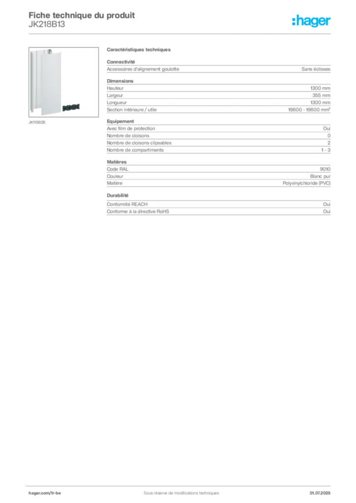 Image Hager Fiche technique du produit JK218B13 | Hager Belgique