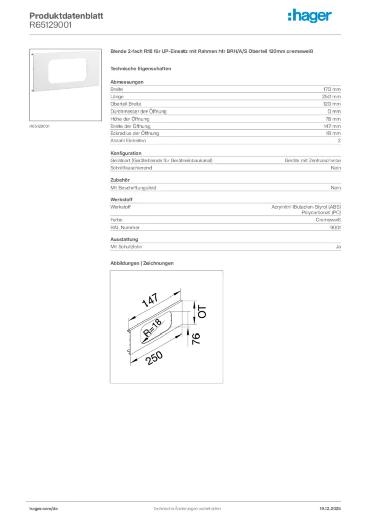 Bild Hager Produktdatenblatt R65129001 | Hager Deutschland