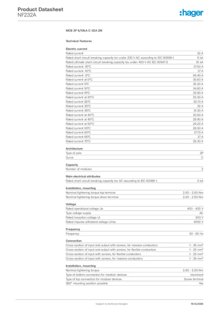 Image Hager Product data sheet NF232A  | Hager Africa