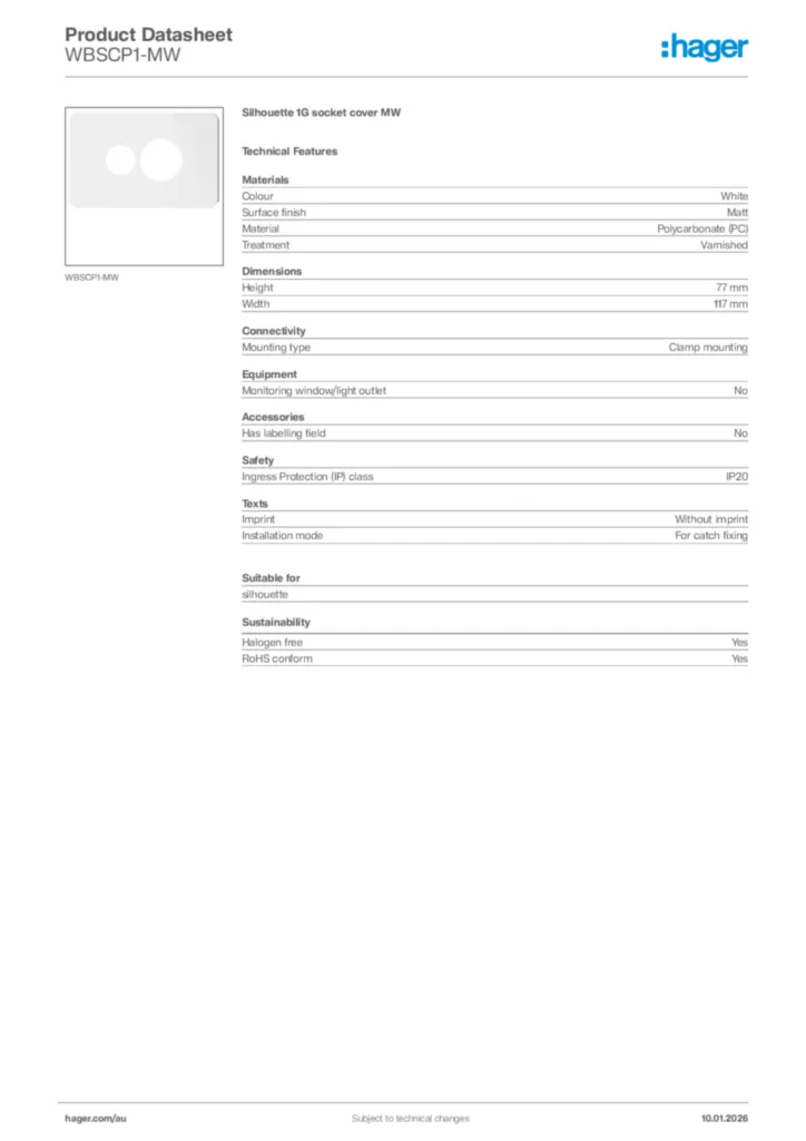 Image Hager Product data sheet WBSCP1-MW  | Hager Australia