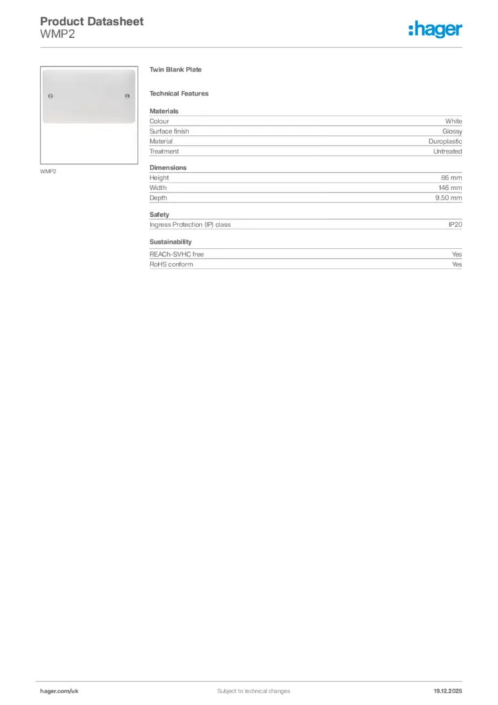 Image Hager Product data sheet WMP2  | Hager