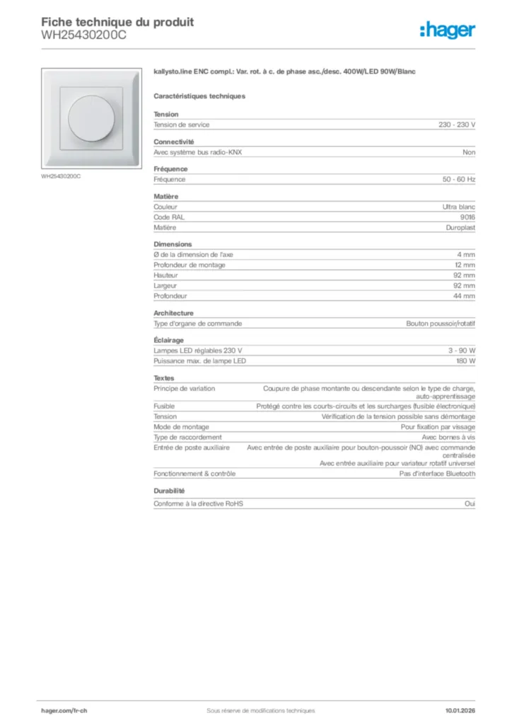 Image Hager Fiche technique du produit WH25430200C | Hager Suisse