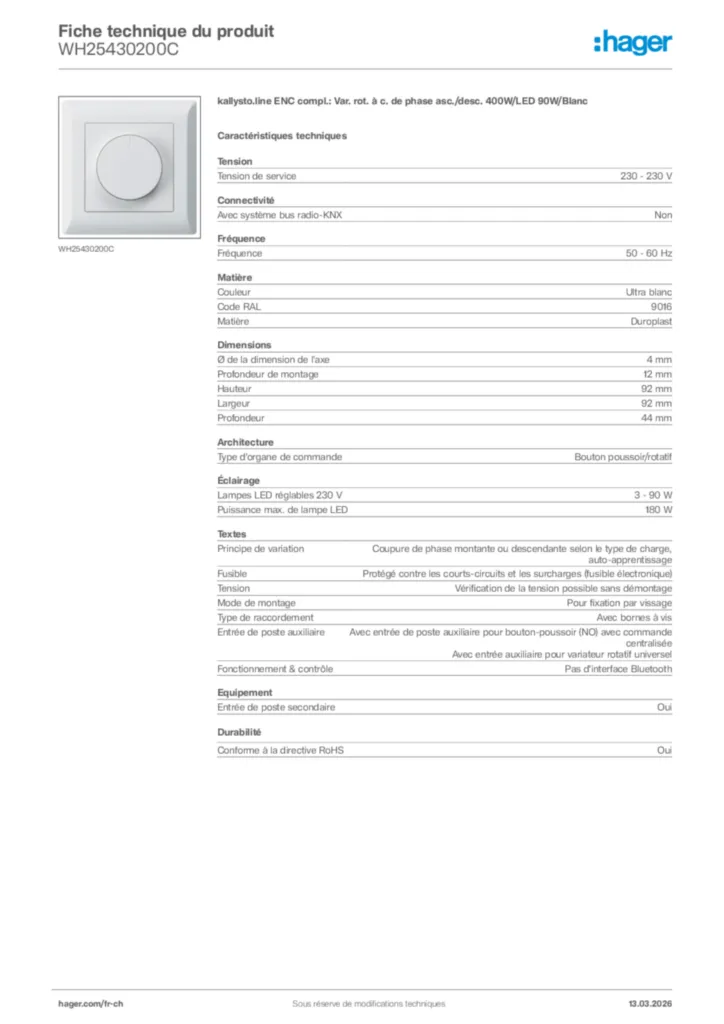 Image Hager Fiche technique du produit WH25430200C | Hager Suisse