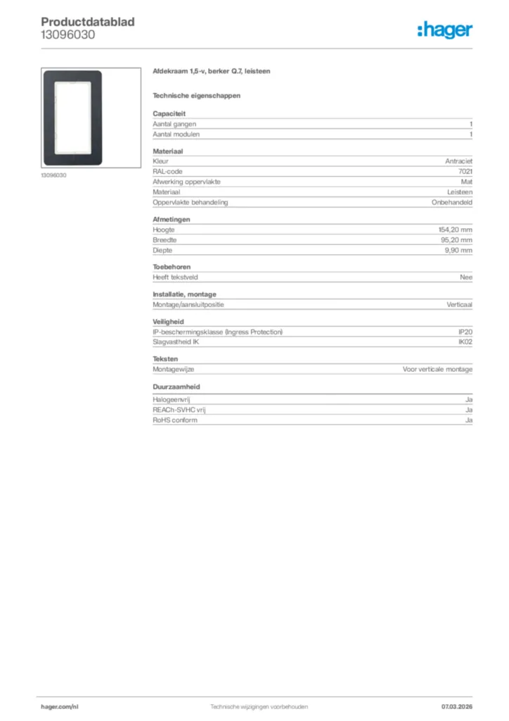 Afbeelding Hager Productdatablad 13096030 | Hager Nederland