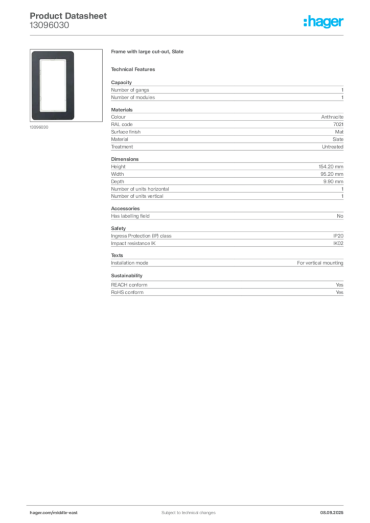 Image Hager Product data sheet 13096030  | Hager