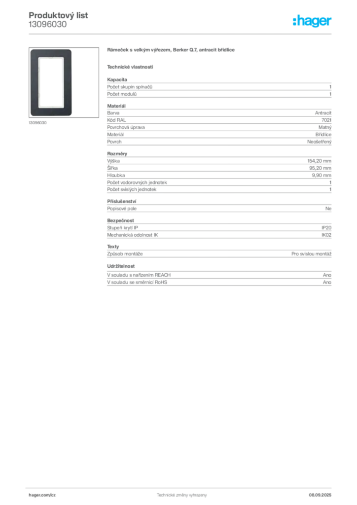 Obrázek Hager Produktový list 13096030 | Hager