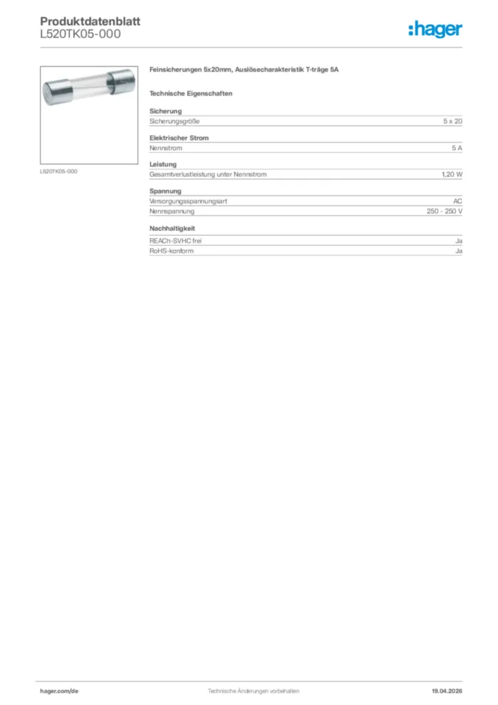 Bild Hager Produktdatenblatt L520TK05-000 | Hager Deutschland