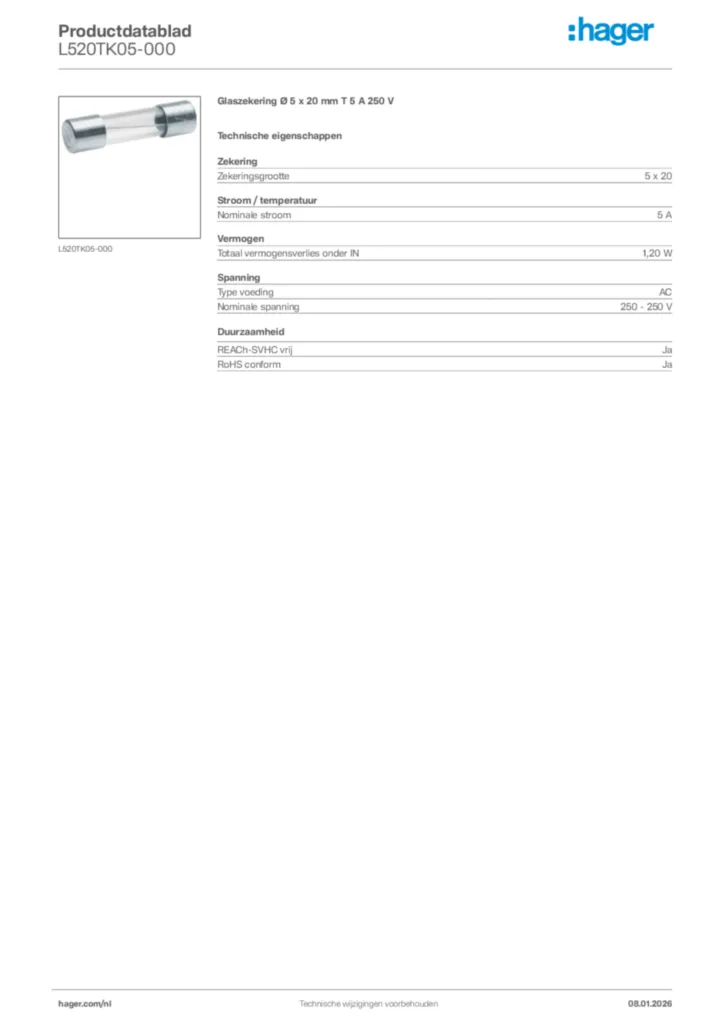 Afbeelding Hager Productdatablad L520TK05-000 | Hager Nederland