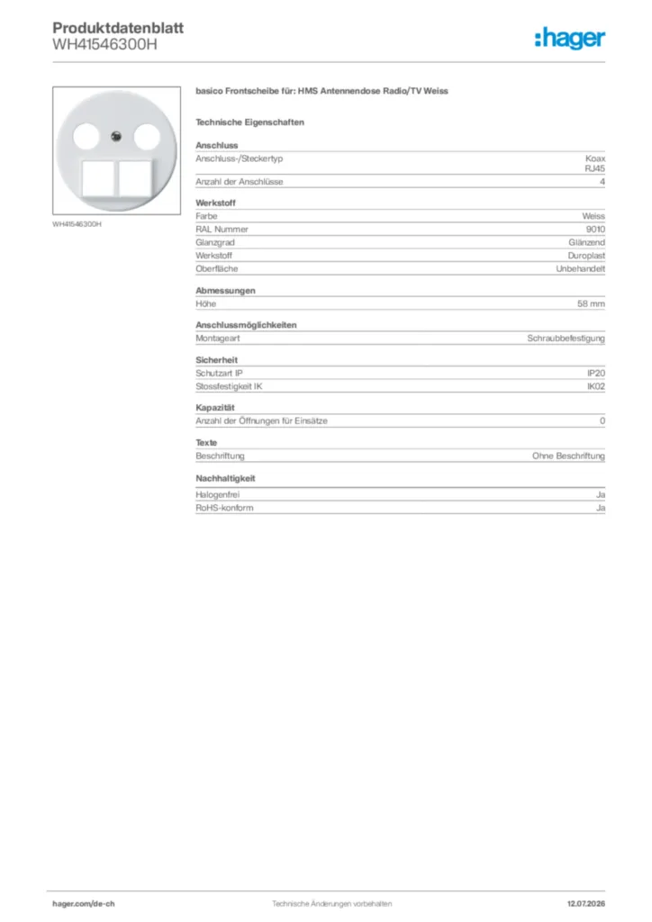 Bild Hager Produktdatenblatt WH41546300H | Hager Schweiz