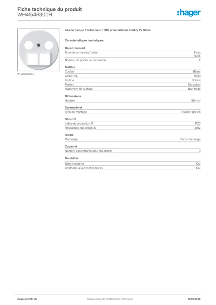 Image Hager Fiche technique du produit WH41546300H | Hager Suisse