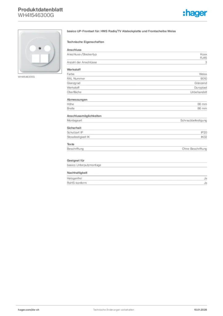 Bild Hager Produktdatenblatt WH41546300G | Hager Schweiz