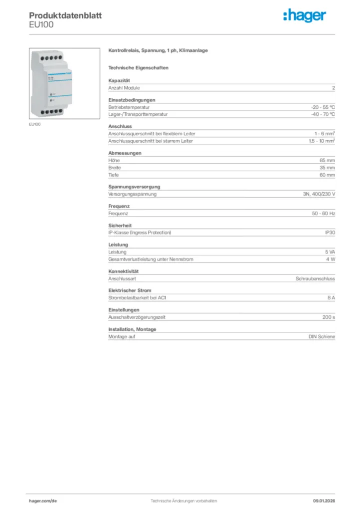 Bild Hager Produktdatenblatt EU100 | Hager Deutschland