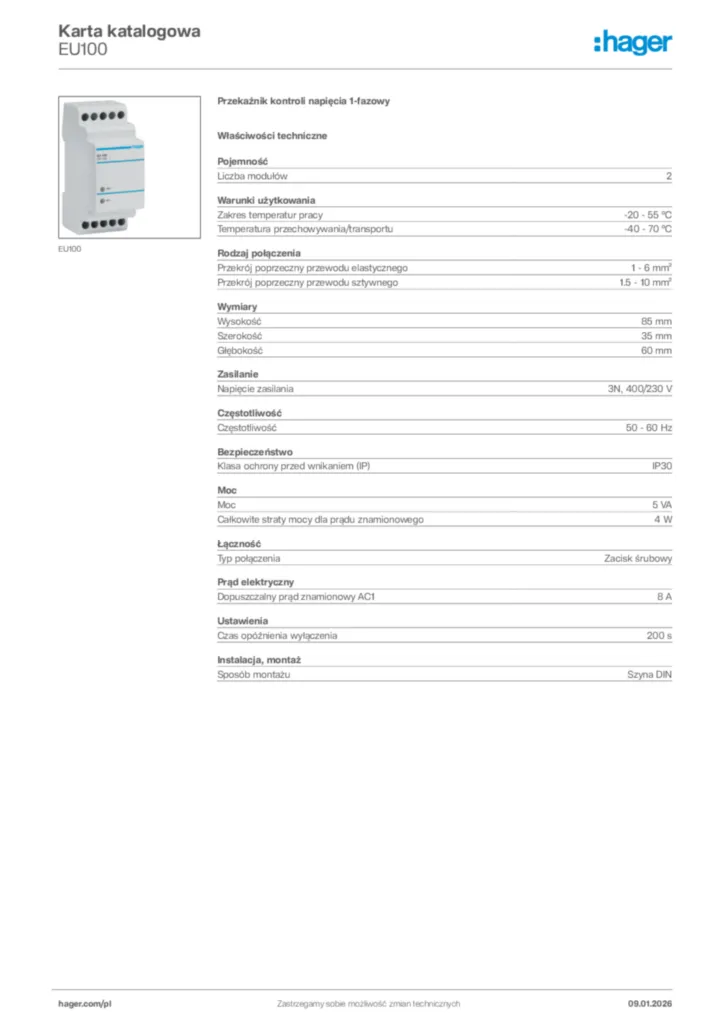 Zdjęcie Hager Karta katalogowa EU100 | Hager Polska