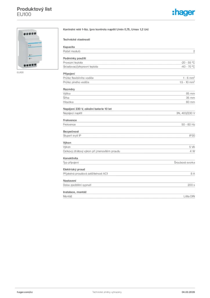 Obrázek Hager Product data sheet EU100 | Hager
