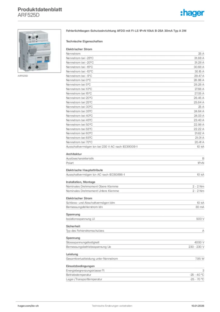 Bild Hager Produktdatenblatt ARF525D | Hager Schweiz