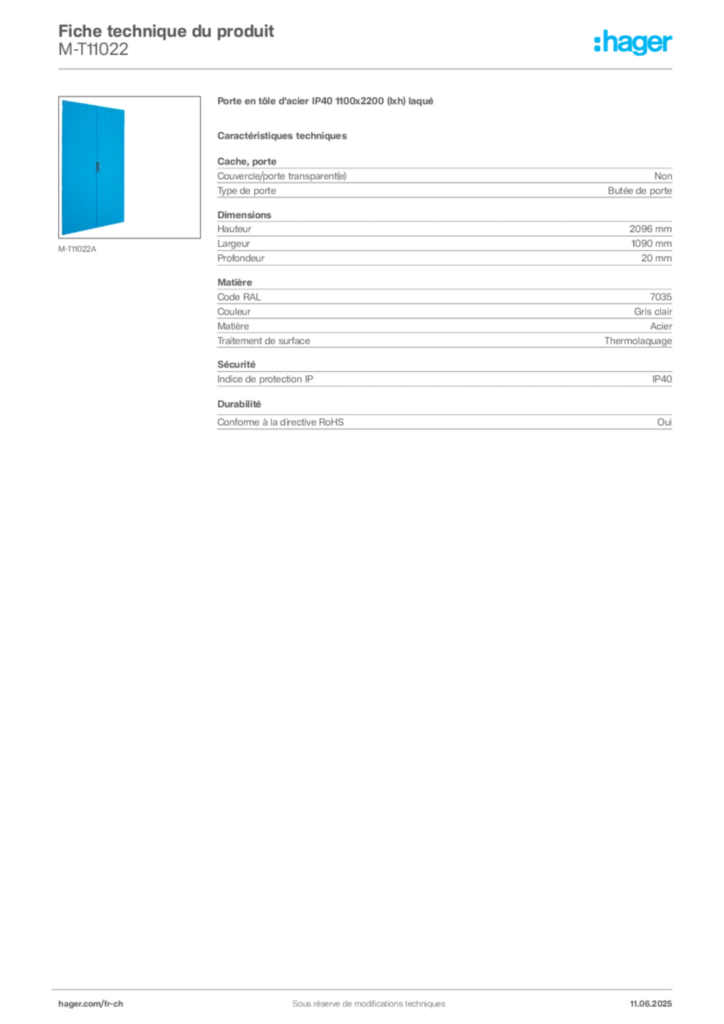 Image Hager Fiche technique du produit M-T11022 | Hager Suisse
