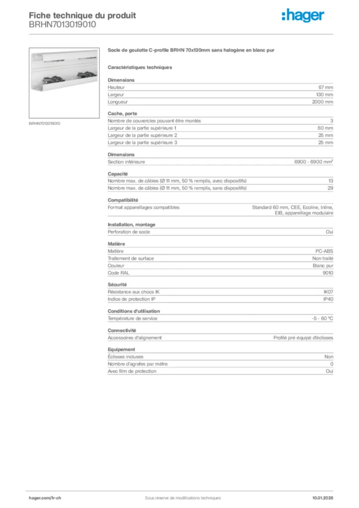 Image Hager Fiche technique du produit BRHN7013019010 | Hager Suisse