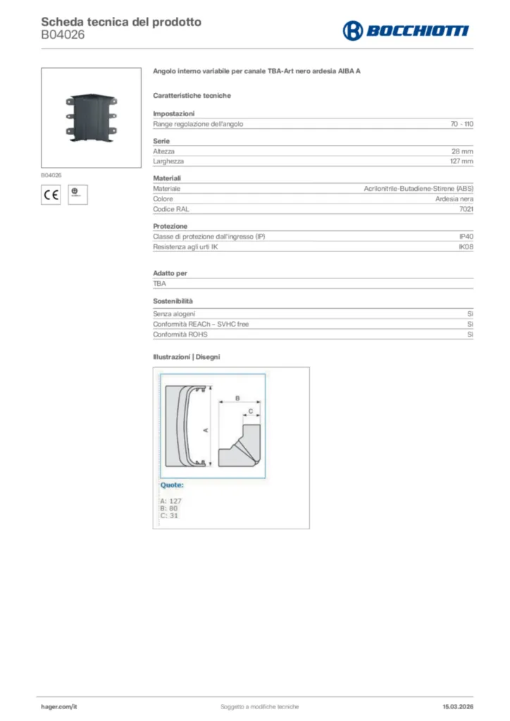 Immagine Bocchiotti Scheda tecnica del prodotto B04026 | Hager Italia