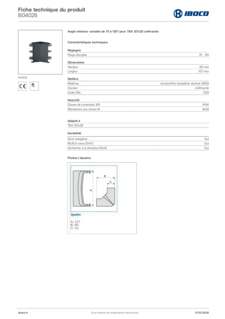 Image Iboco Fiche technique du produit B04026 | Hager France