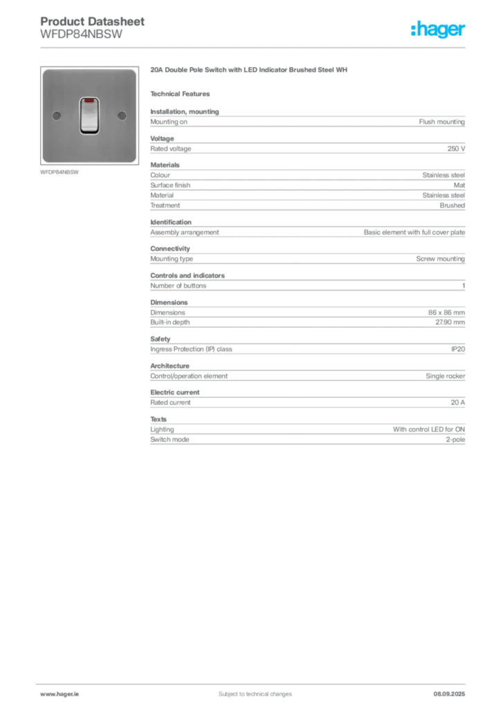 Image Hager Product data sheet WFDP84NBSW  | Hager