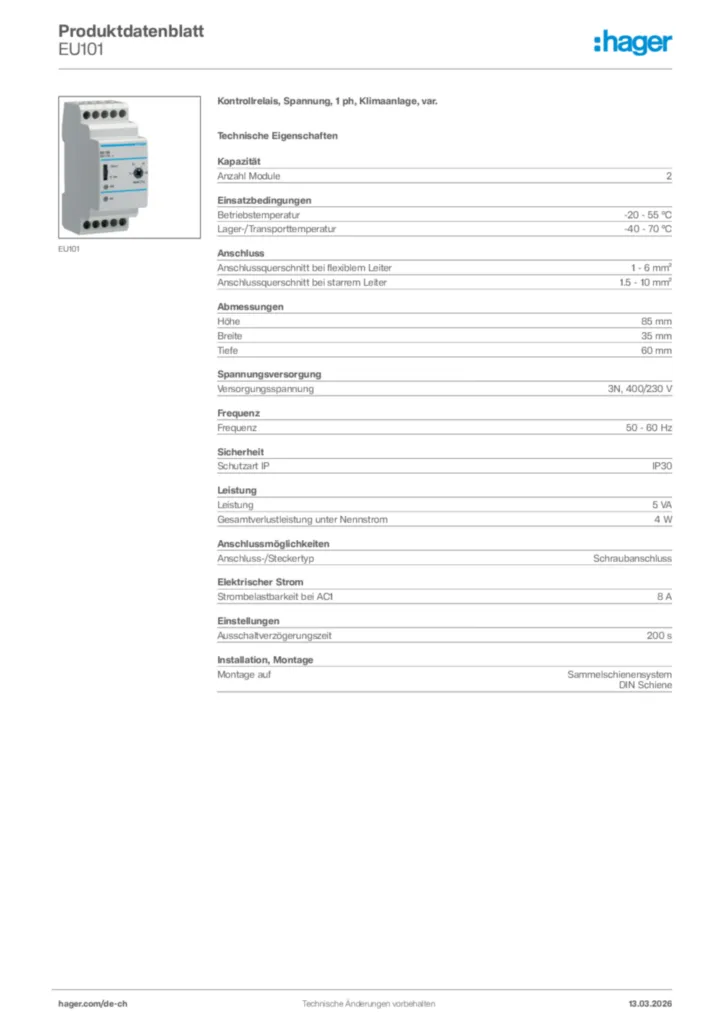 Bild Hager Produktdatenblatt EU101 | Hager Schweiz