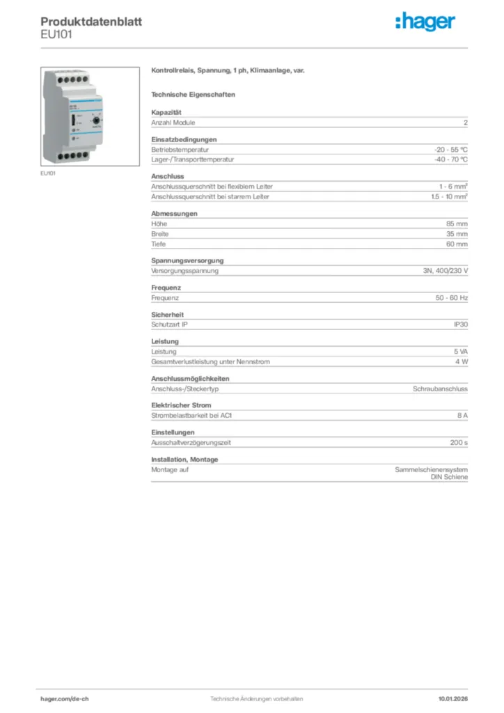 Bild Hager Produktdatenblatt EU101 | Hager Schweiz
