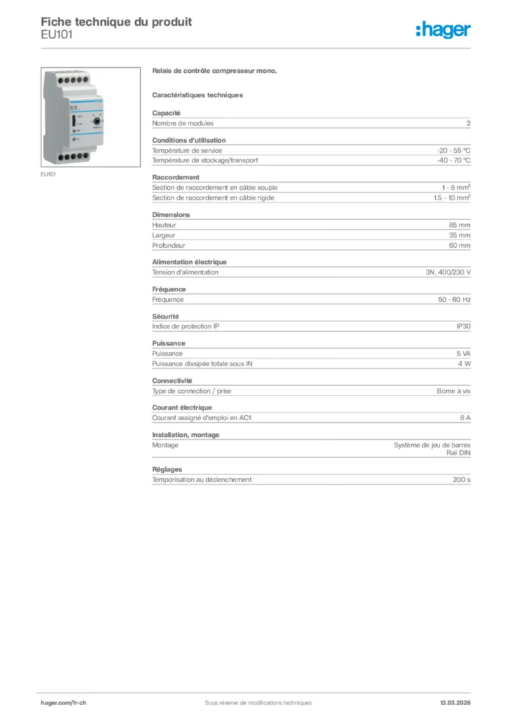 Image Hager Fiche technique du produit EU101 | Hager Suisse