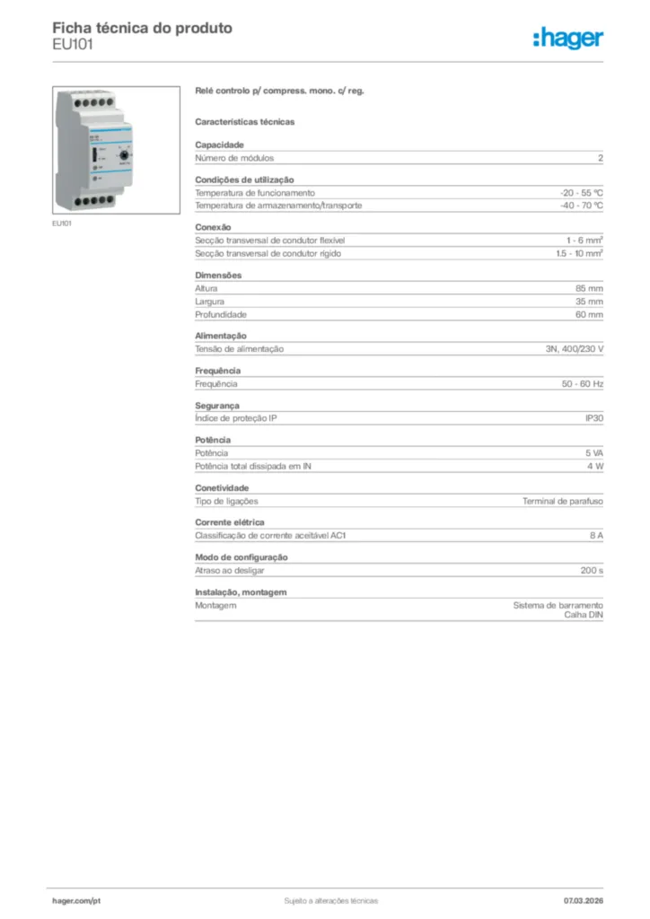 Imagem Hager Ficha técnica do produto EU101 | Hager Portugal
