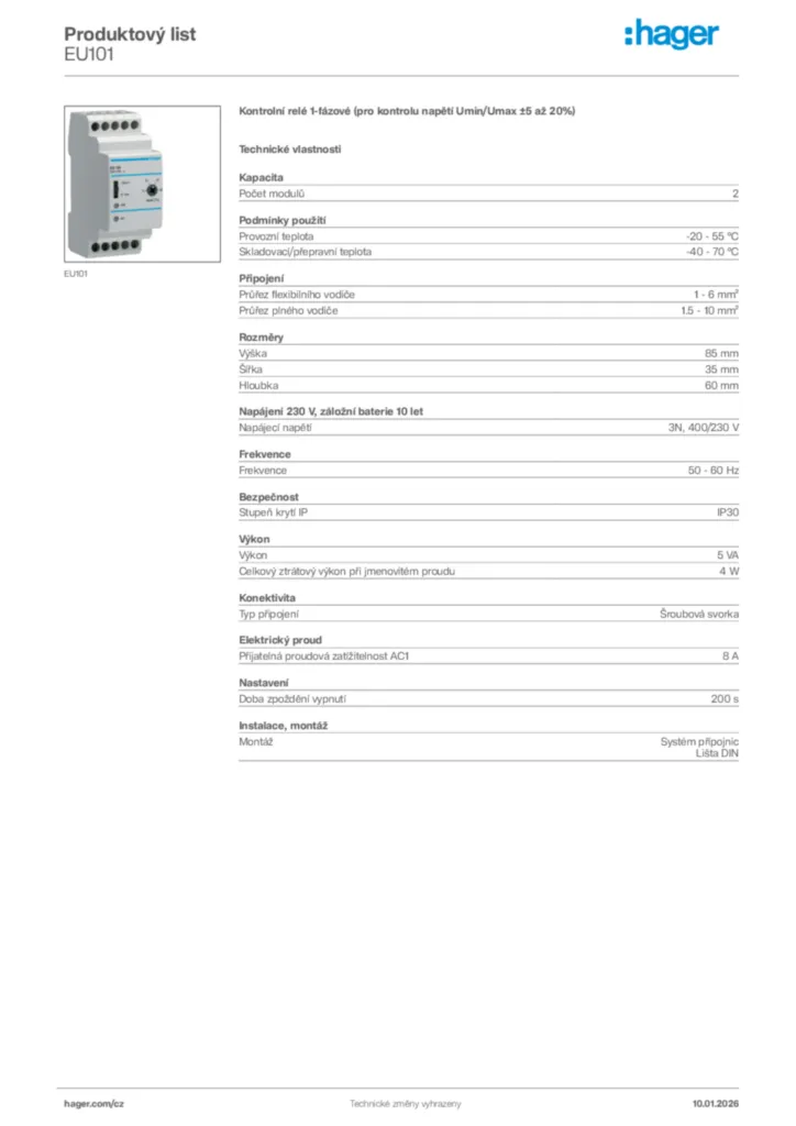Obrázek Hager Product data sheet EU101 | Hager