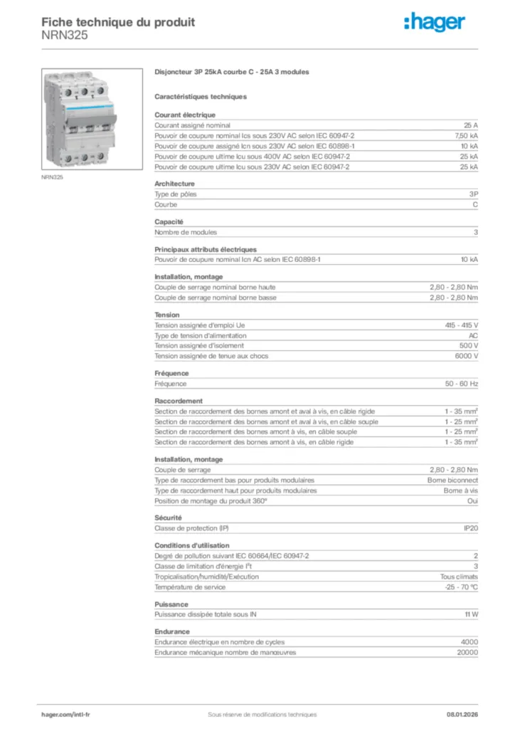 Image Hager Fiche technique du produit NRN325 | Hager Afrique