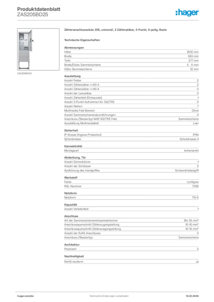 Bild Hager Produktdatenblatt ZAS205BD25 | Hager Deutschland