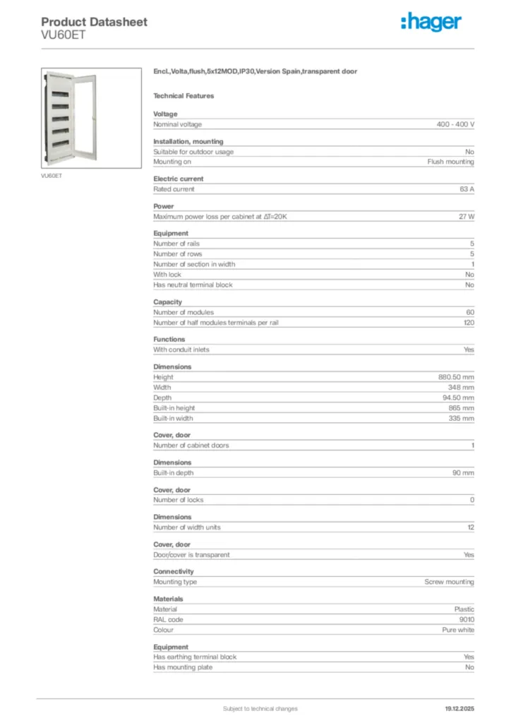 Image Hager Product data sheet VU60ET  | Hager Africa