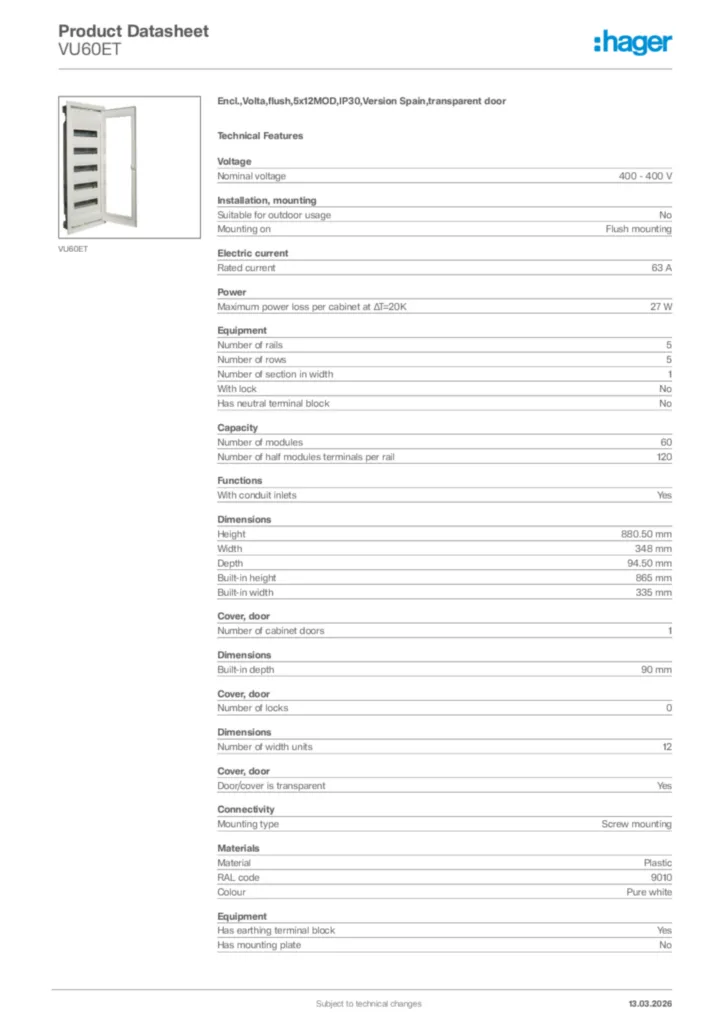 Image Hager Product data sheet VU60ET  | Hager Africa