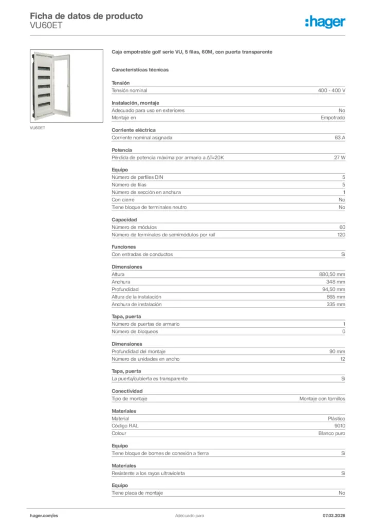 Imagen Hager Ficha de datos de producto VU60ET | Hager España