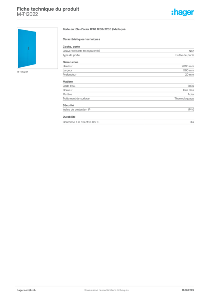 Image Hager Fiche technique du produit M-T12022 | Hager Suisse