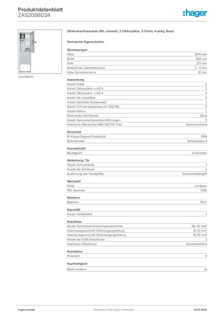 Bild Hager Produktdatenblatt ZAS205BD24 | Hager Deutschland
