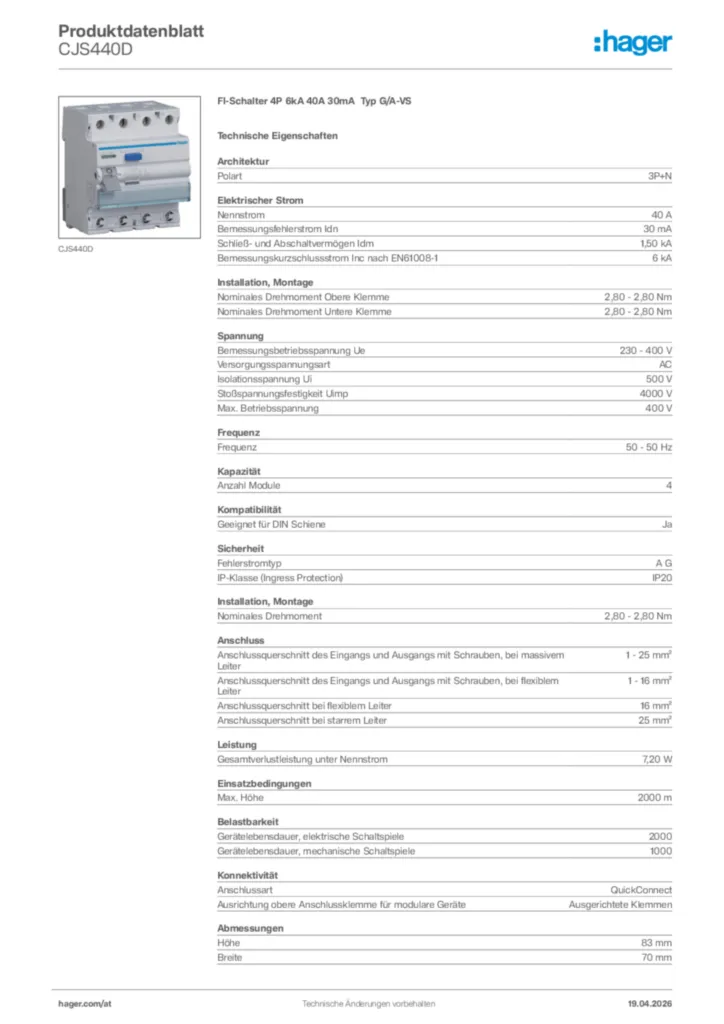 Bild Hager Produktdatenblatt CJS440D | Hager Deutschland
